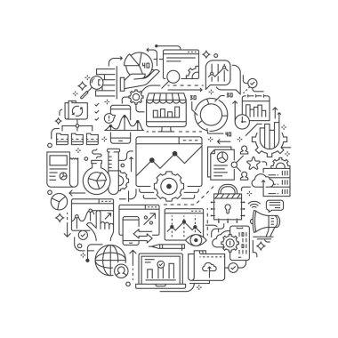 Veri ve analiz kavramı ince düz resimde. Yuvarlak şekil veri analiz satırı simgeler vektör illüstrasyon izole. Analytics veri simgelerle - vektör yuvarlak tasarım öğesi