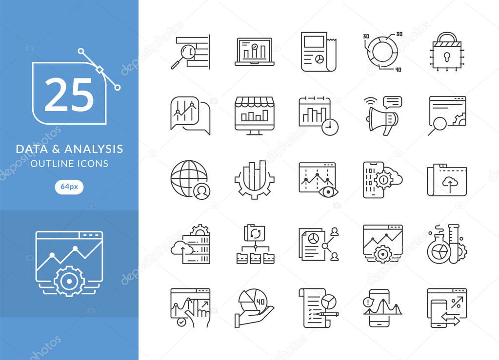 Business analysis icons. Simple set of Data analysis related vector line icons. Data analytic icon set, Included the icons as graph, chart, filter, analyst, research , growth and more
