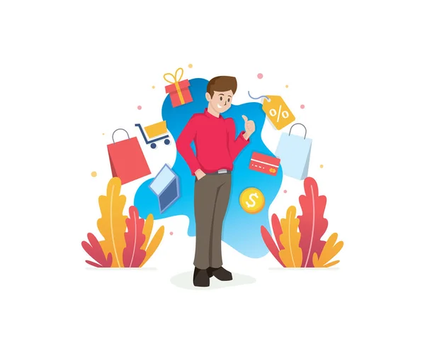 Concetto Shopping Con Personaggi Uomo Sorridente Con Illustrazione Concetto Shopping — Vettoriale Stock