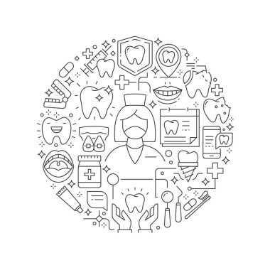 Diş Bakımı kavram ince düz illüstrasyon. Diş Hekimliği satır simgeler yuvarlak şekil vektör illüstrasyon izole. Diş Bakımı simgelerle - vektör yuvarlak tasarım öğesi
