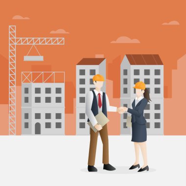 İnşaat işinde başarılı ortaklık. Geliştirici ve inşaat bir anlaşma üzerinde tokalaşırken alıcı