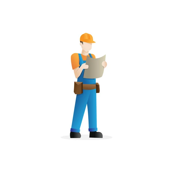 Bauarbeiter Charakter Bauarbeiter Mit Orangefarbenem Bollenhut Mit Bauplänen Vektorillustration — Stockvektor