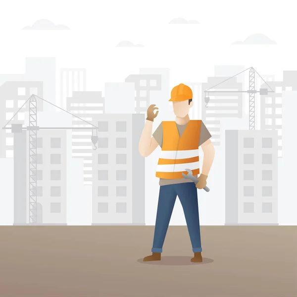男性建筑工人 施工工人拿着扳手 建筑和建筑行业卡通背景与工人 建筑工人字符矢量设计 — 图库矢量图片