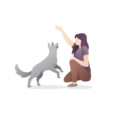 Genç kadın köpeğiyle oynuyor. Beyaz arka plan üzerinde izole köpek ile mutlu hayvan sever. Kadın ile köpek - vektör çizim