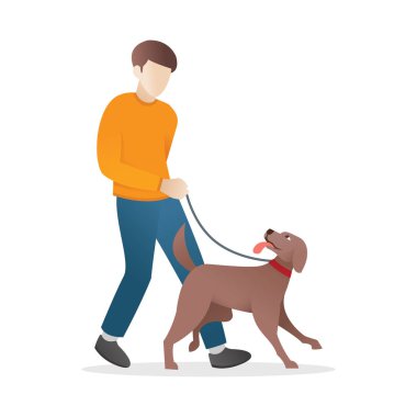 Bir adam köpeğiyle yürüyor. İllüstrasyon beyaz bir arka plan üzerinde vektör, evde beslenen hayvan ve onların sahip. Köpeğiyle yürüyen genç adam. Vektör çizim