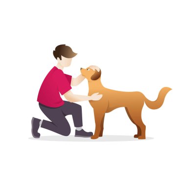 Bir köpek sevişme adam. Sevgili köpeği beyaz bir arka plan üzerinde olan genç bir adam. Adam bir köpek sarılma. Vektör çizim