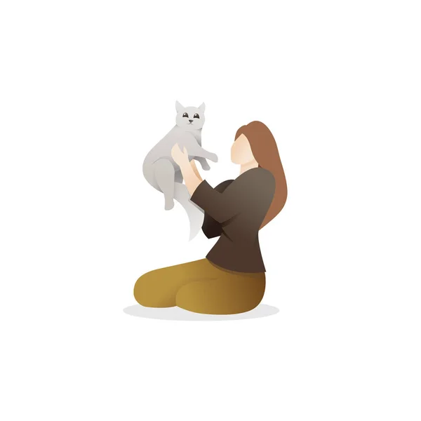 Una Mujer Sosteniendo Lindo Gato Mujer Joven Sentada Suelo Sosteniendo — Archivo Imágenes Vectoriales