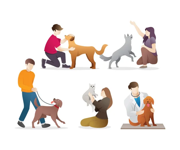 İnsanlar ile onların pets. Evde beslenen hayvan mülkiyet beyaz arka plan üzerinde izole kümesi. Erkekler ve onların evcil hayvanlar holding, yürüyüş ve onlarla oynamanızı kadın koleksiyonu. Vektör çizim