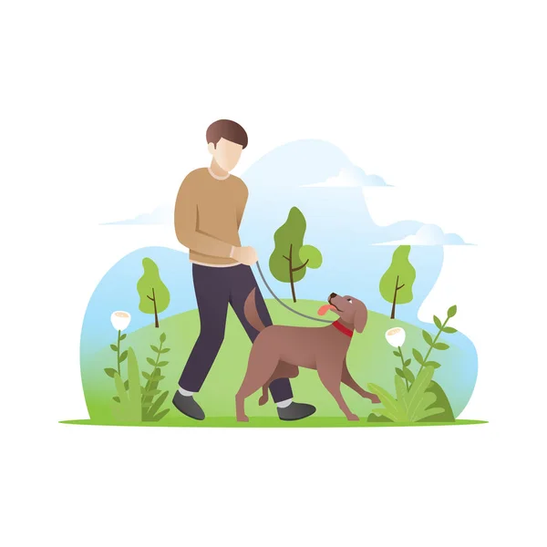 Hombre Paseando Con Perro Mascota Dueño Caminando Parque Joven Paseando — Archivo Imágenes Vectoriales