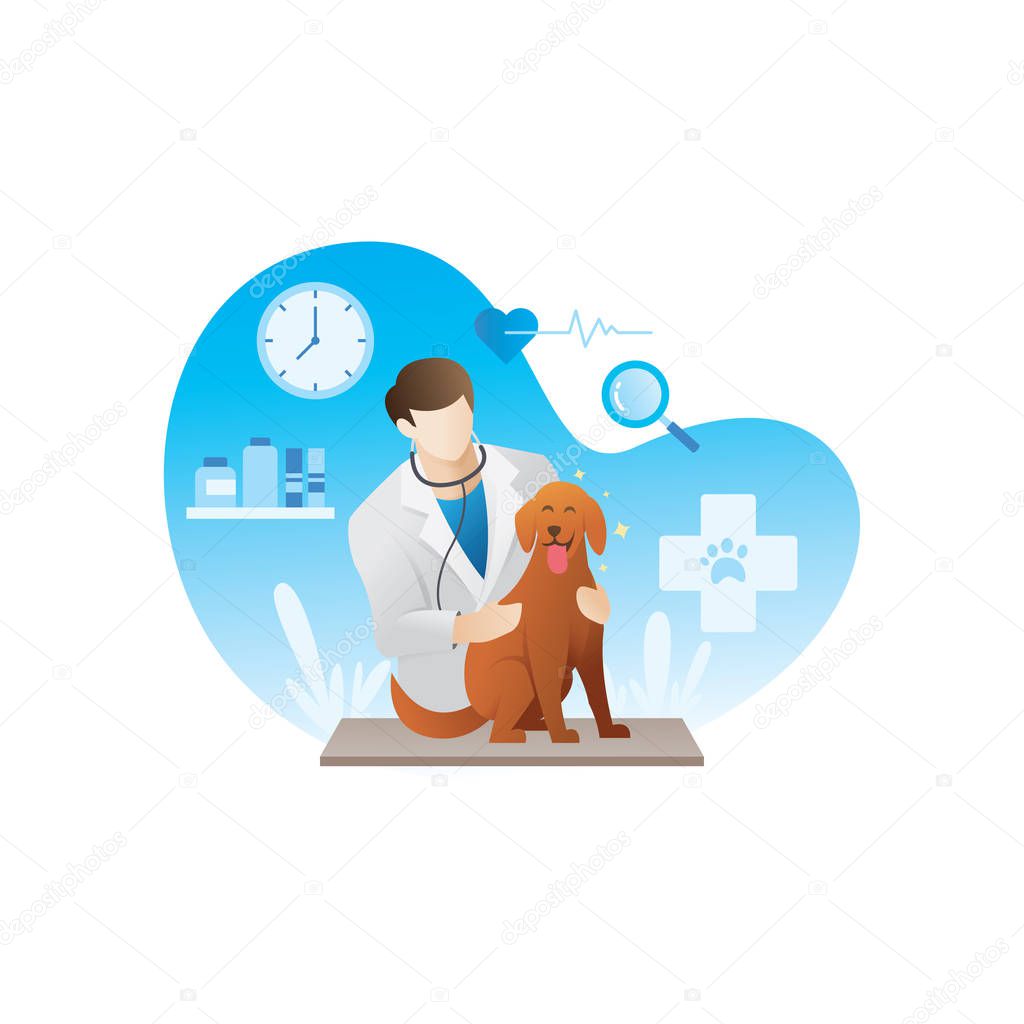Veterinarian with pets. Vector illustration of veterinarian with a dog, Veterinarian doctor examining the dog in the hospital. Veterinary concept - Vector illustration