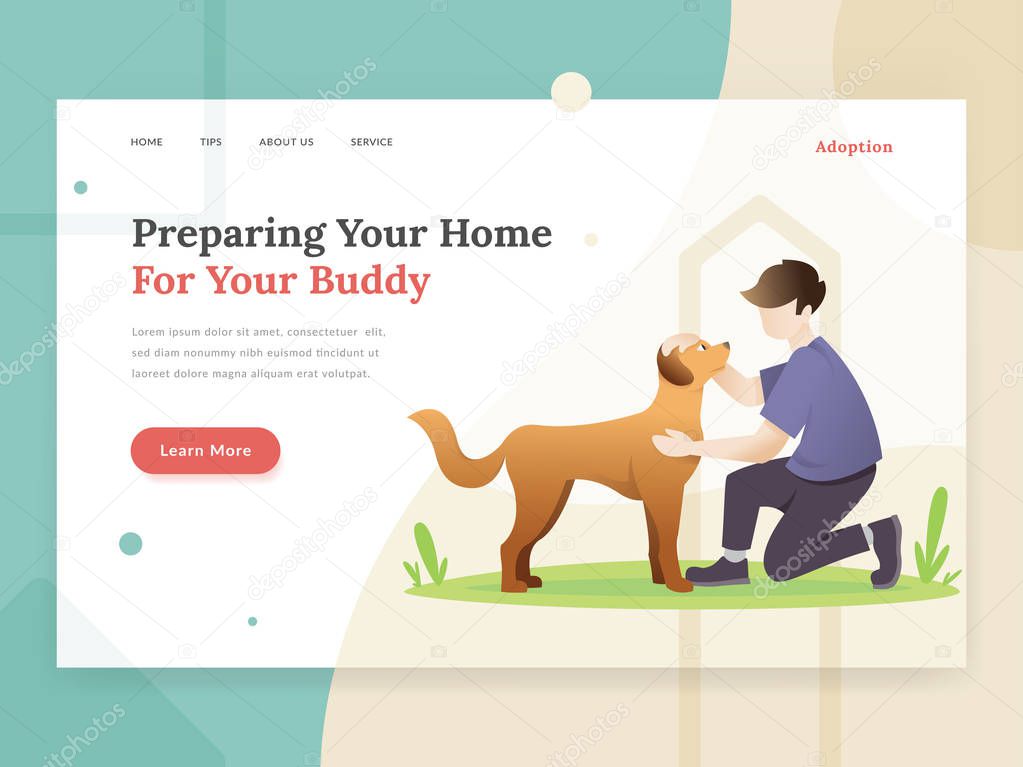 Pet adoption landing page concept. Landing page template of Pet care. Modern flat design concept of web page design for pet website. Vector illustration of A man adopted a pet. Young man with his dog