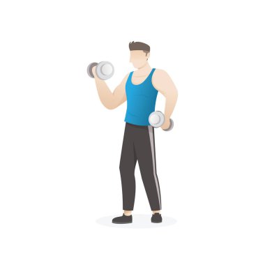 Dumbbells ile egzersiz yapan erkek. Bir adam beyaz arka plan üzerinde fitness yapıyor. Fitness vektör karakter