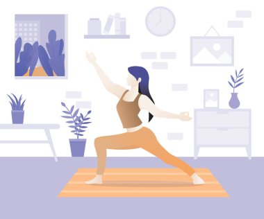 Yoga yaparken genç güzel kadın karakter. Yoga duruş ve arabuluculuk bir genç kadın. Aerobik egzersiz ve sabah Meditasyon evde gerçekleştirme kız. Ev egzersizleri kavramı. Vektör çizim