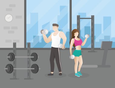 Fitness salonunda yapan insanlar. Erkek ve kadın egzersiz jimnastik salonu dumbbells ile yapmak. egzersiz ve spor yapan insanlarla egzersiz konsept illüstrasyon iç. Vektör çizim