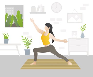 Yoga yaparken genç güzel kadın karakter. Yoga duruş ve arabuluculuk bir genç kadın. Aerobik egzersiz ve sabah Meditasyon evde gerçekleştirme kız. Ev egzersizleri kavramı. Vektör çizim
