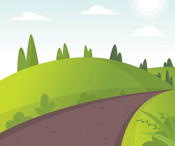 美しいフィールド風景のベクター イラストです 丘の道の漫画イラスト 夜明けに野山で日当たりの良い田園風景 春の牧草地 グリーン フィールド風景 ベクトル — ストックベクタ