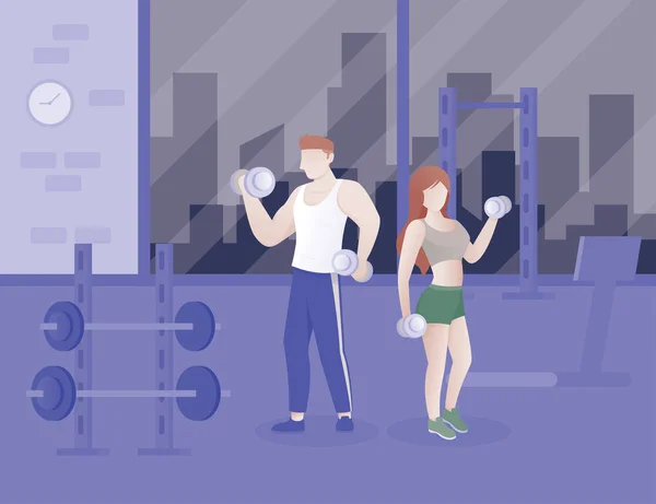 在健身房做健身的人 男人和女人在健身房里用哑铃做运动 在颜色混合样式的锻炼概念例证 向量例证 — 图库矢量图片