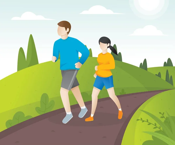 若いカップルが公園で走り回っています ジョギングの人男性と女性のスポーツ バック グラウンドを実行しています ジョギングとイラスト ベクトルを実行 — ストックベクタ