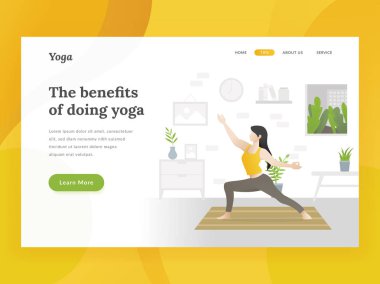 Açılış sayfası şablonu ev Yoga. Kadın fitness egzersiz yapıyor. Düz illüstrasyon kadın yoga açılış sayfası web tasarımı için rahatlatıcı için stil. Sağlıklı yaşam ve meditasyon içinde ev. Vektör çizim