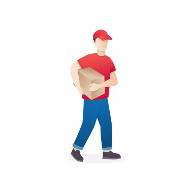 Genç adam bir kutu Holding'in kurye Dağıtım Hizmetleri. Beyaz arka plan üzerinde parsel ile adam kurye. Vektör çizim karikatür tarzı. Teslimat Servisi, kurye, ürünler hızlı kargo - vektör