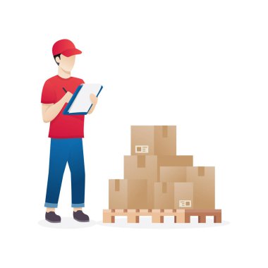 Palet stoktaki ürünler kontrol işçi ambar. Stok ve teslimat işçi ambar. Stok envanter modern düz stil vektör çizim kontrol. Adam operatör holding Pano tutar