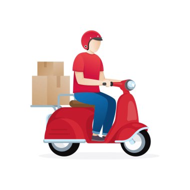 Teslimat Servisi illüstrasyon. Servis elemanı scooter motosiklet binmek. Scooter ile hızlı ve ücretsiz teslim. Vektör karikatür çizim. Dünya çapında nakliye, hızlı ve ücretsiz taşıma