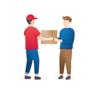 Genç adam bir kutu Holding'in kurye Dağıtım Hizmetleri. Beyaz arka plan üzerinde parsel ile adam kurye. Vektör çizim karikatür tarzı. Teslimat Servisi, kurye, ürünler hızlı kargo - vektör