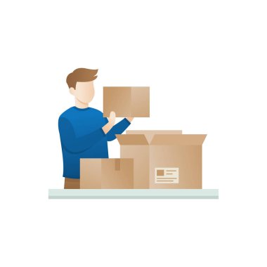 Genç adam paketi açın. Parsel unboxing kavramı. Heyecanlı erkekler büyük cardbox açma. Blogger video kavramı, bir adam bir paket açar. Çocuk düz Stil kutusunu aç. Karakter illüstrasyon vektör