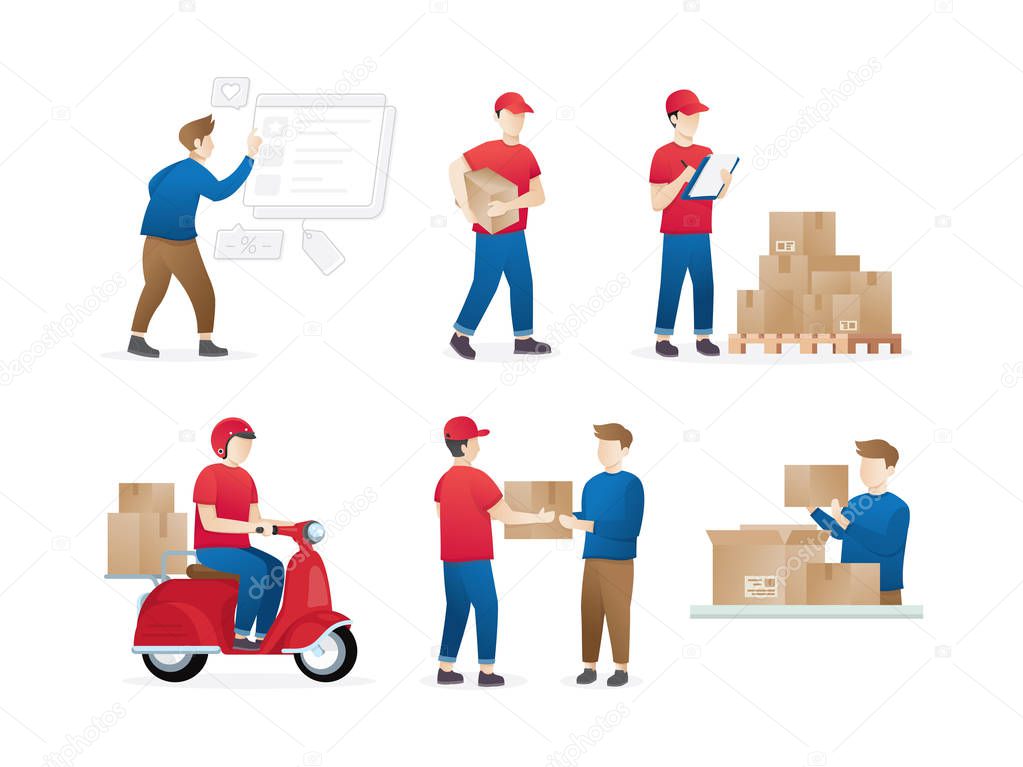 Set of service delivery. delivery service or courier service concept. Delivery Workers or courier. Online shopping illustration concept. Vector illustration in a flat style