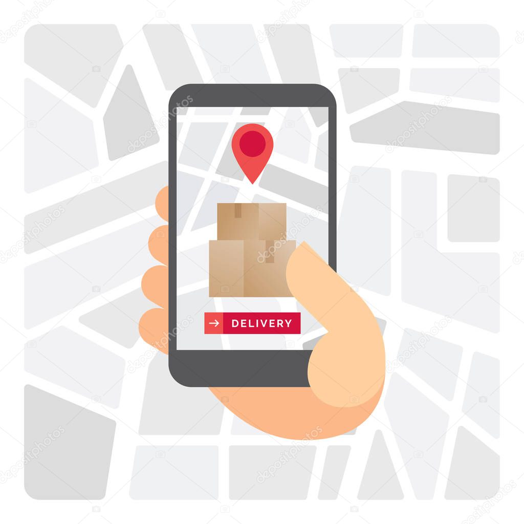 Delivery tracking application. Hand holding mobile smart phone open app. Order and delivery tracking app illustration. Fast and free delivery. Online cargo tracking delivery application