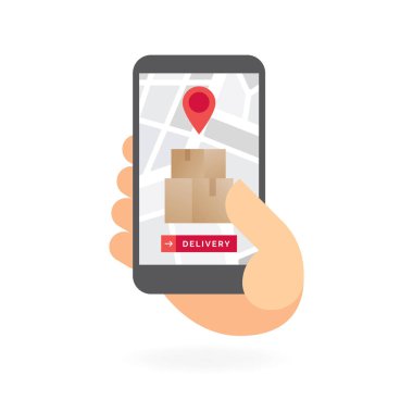 Beyaz arka plan üzerinde izleme uygulaması teslim. El tutma mobil akıllı telefon açık app. sipariş ve teslimat app illüstrasyon izleme. Hızlı ve ücretsiz teslim. Online kargo izleme teslim