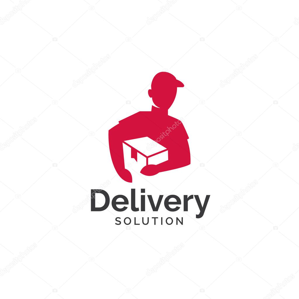 Delivery solution logo design. Delivery service, Delivery express logo design. Delivery man courier holding box, Logo design vector template Negative space style - Vector