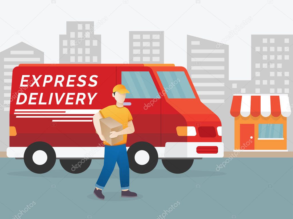 Delivery man illustration. Delivery concept, Service fast delivery. Courier with parcel on the background of a van. Illustration in a flat style. Vector illustration