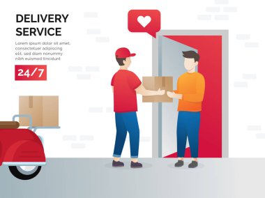 Hizmetleri nakliye illüstrasyon kavramı. Vektör illüstrasyon kavramı için Teslimat Servisi, e-ticaret. Müşteri için kurye alma paketi. Kapıya teslim parsel. Vektör