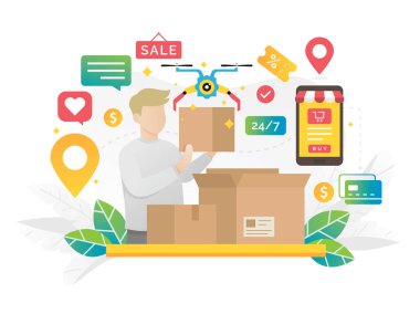 Online alışveriş konsept illüstrasyon. E ticaret 24 saat müşteri destek hizmeti gerekebilir. E-ticaret, Online ödeme ve teslimat - vektör