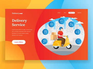Scooter ile online teslimat hizmeti açılış sayfası. Online Teslimat açılış sayfası illüstrasyon. Online teslimat hizmeti vektör illüstrasyon kavramı. Şehir arka plan ile Internet nakliye web banner