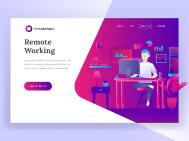 Uzaktan çalışma açılış sayfası. Afiş ve Web sitesi pazarlama stratejisinin modern düz tasarım illüstrasyon kavramı. Alt vektör çizim - vektör serbest