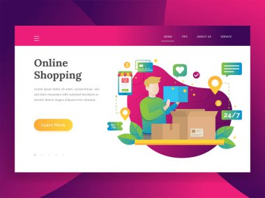 Online alışveriş, mobil pazarlama ve satınalma kavramı. Modern düz tasarım illüstrasyon kavramı Online alışveriş. Açılış sayfası adam veya paket Ürünler internet mağazasında satın alma müşteri ile