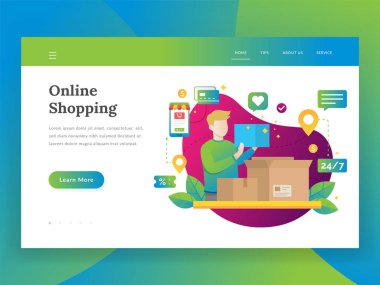 Online alışveriş, mobil pazarlama ve satınalma kavramı. Modern düz tasarım illüstrasyon kavramı Online alışveriş. Açılış sayfası adam veya paket Ürünler internet mağazasında satın alma müşteri ile