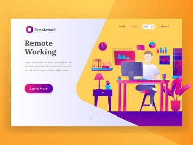 Uzaktan çalışma açılış sayfası. Afiş ve Web sitesi pazarlama stratejisinin modern düz tasarım illüstrasyon kavramı. Alt vektör çizim - vektör serbest