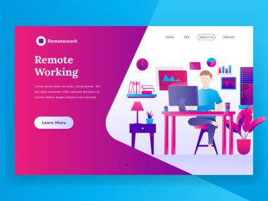 Uzaktan çalışma açılış sayfası. Afiş ve Web sitesi pazarlama stratejisinin modern düz tasarım illüstrasyon kavramı. Alt vektör çizim - vektör serbest