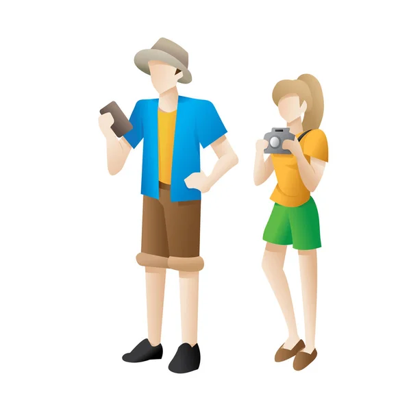 Hombre y mujer lindo viajero de dibujos animados — Vector de stock