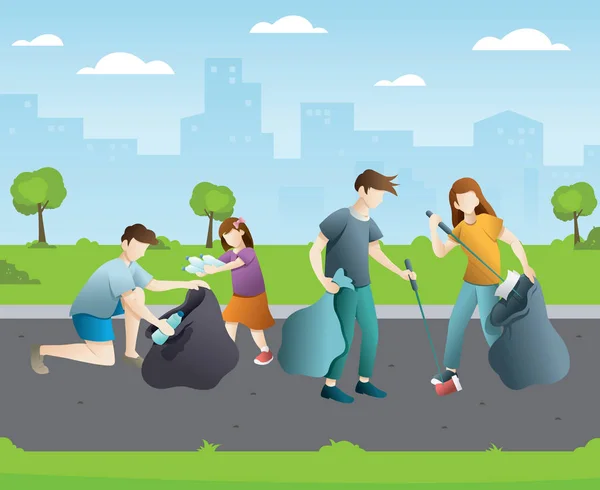 Grupo de personas limpiando el parque de la ciudad — Vector de stock