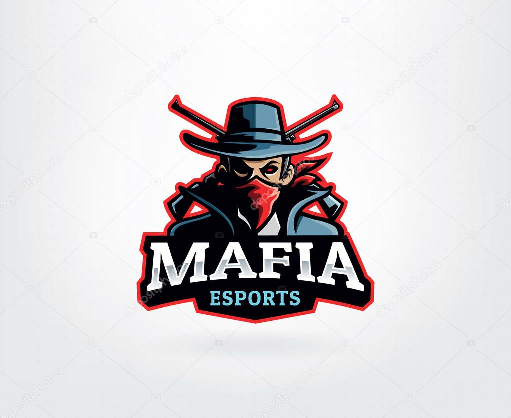 Gangster mascot logo with man in bandana and crossed gun. Man with fedora hats and suits vector. Mafia E Sport Logo Mascot, Mafia, Gangster, Crime. Vector illustration