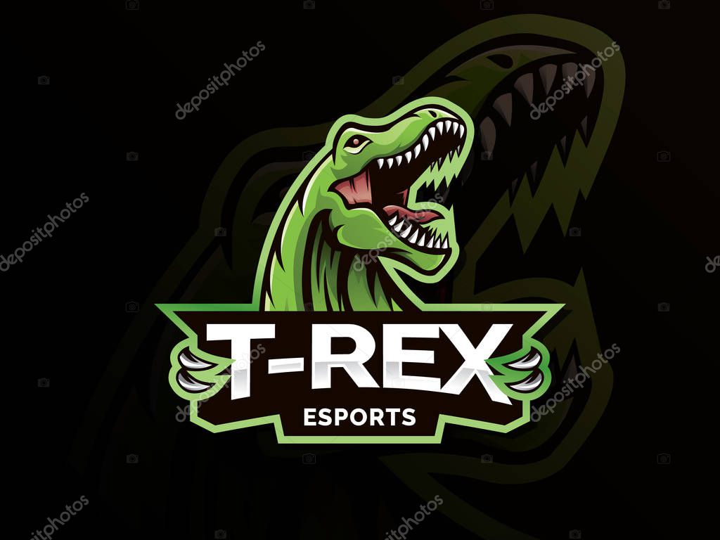 T-Rex Head mascot sports logo. T Rex Head mascot sports emblem illustration with hand. Tyrannosaur logo and mascot for eSport team. Sports logo template