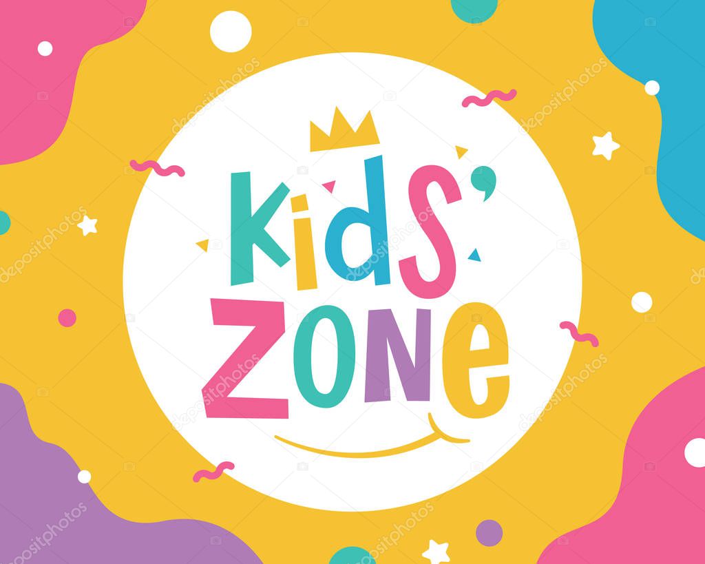 Kids zone vector cartoon logo. Colorful lettering for children's playroom decoration