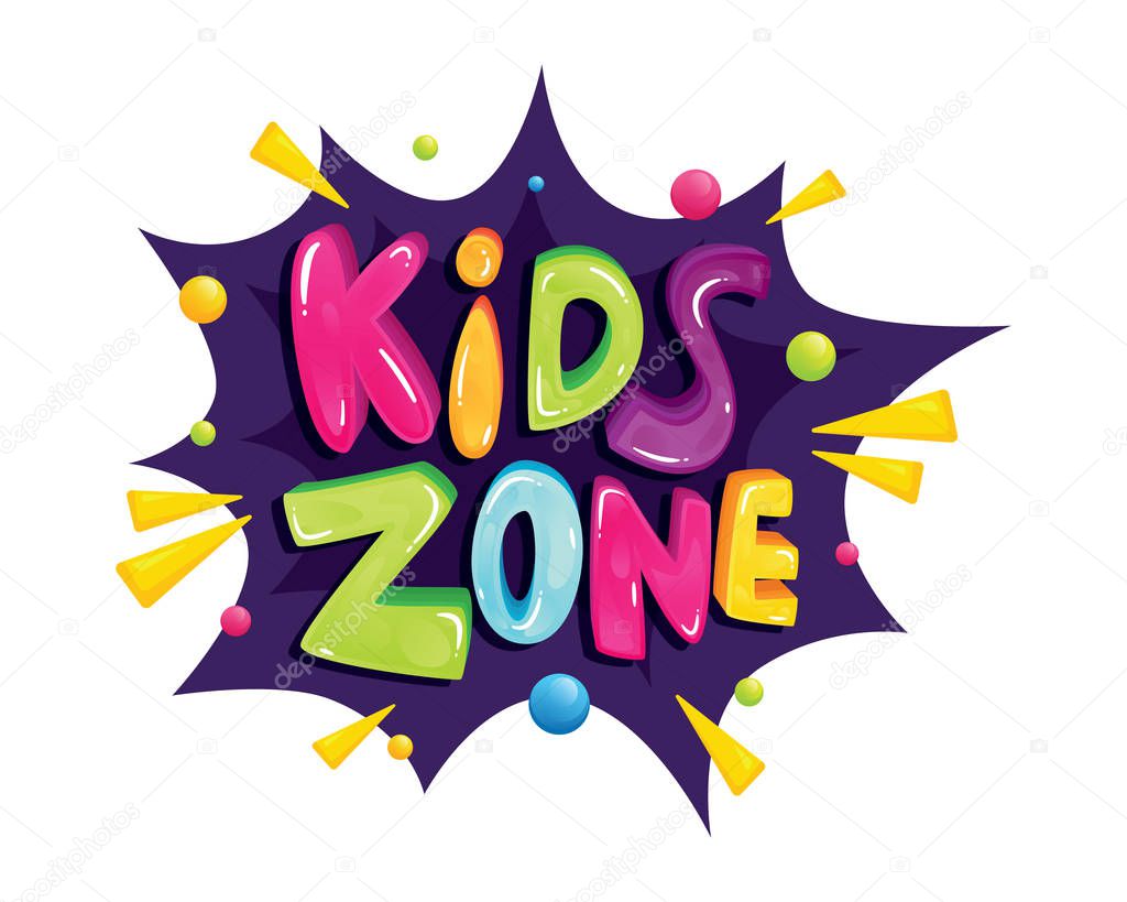Kids zone vector cartoon logo. Colorful lettering for children's playroom decoration