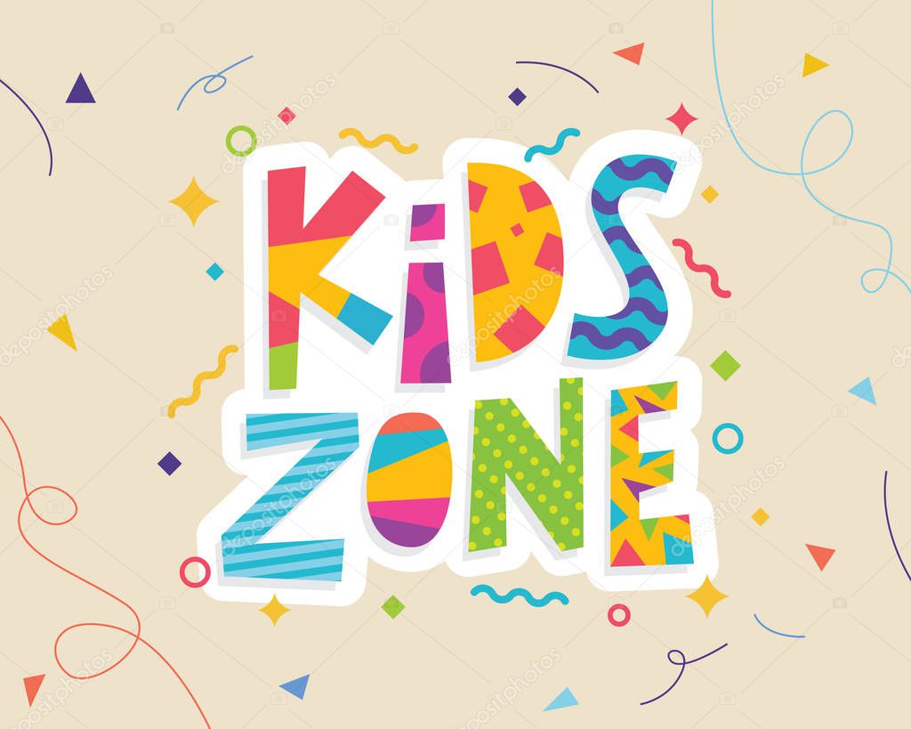 Kids zone banner template. Kids zone vector cartoon logo. Colorful lettering for children's playroom decoration