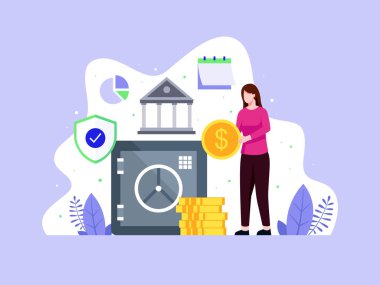 Vektör illüstrasyonlu kadın kasaya bozuk para getiriyor. Kapalı banka kasası, kiralık kasada dolar. Mevduat kavramı bankada tasarruf yapmaktır. Para biriktirmek para biriktirmek para biriktirmektir. Düz biçimli vektör