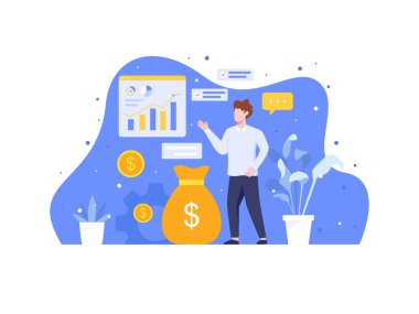 Yatırımı analiz et ve yönet. Yatırım ve analizler nakit para karları, çalışan ya da yönetici yatırım planları yapıyor. Faydaları hesaplamak, kariyer büyümesi ve iş başarısı. Düz biçimli vektör